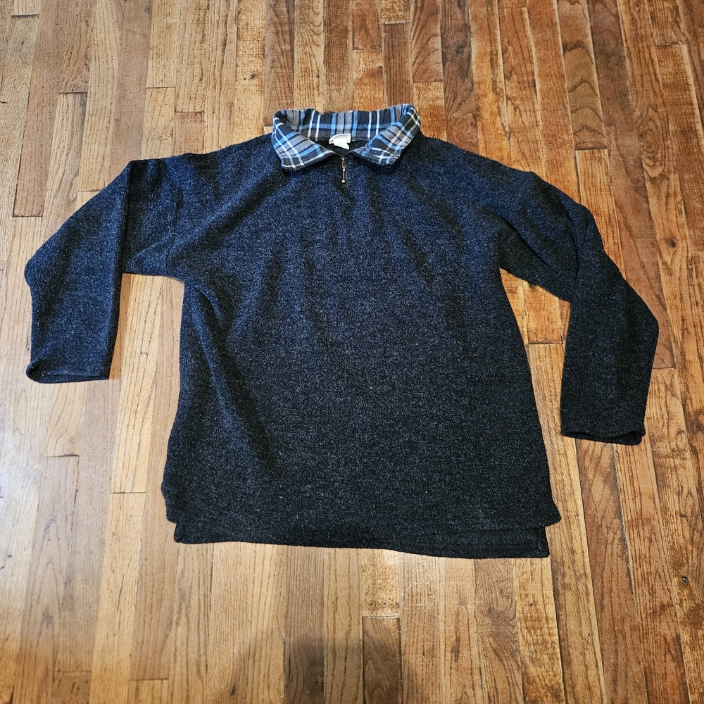 Men's Black Zip-Up Sweater with Plaid Collar Size Large/XL Preppy Warm